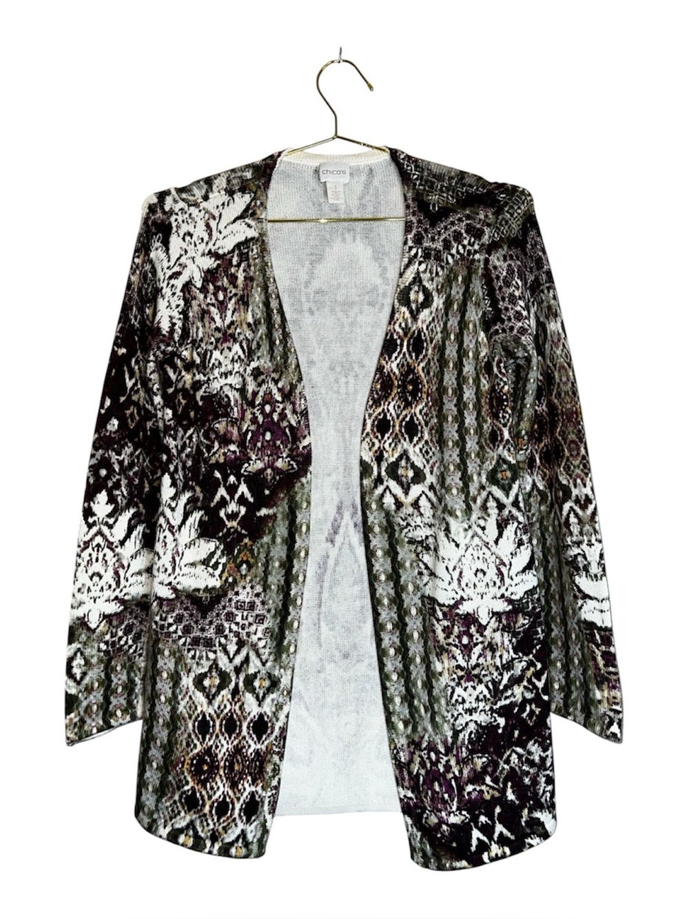 Chico's Printed Scroll Open-Front Cardigan in Beige Purple & Olive Sz 1
